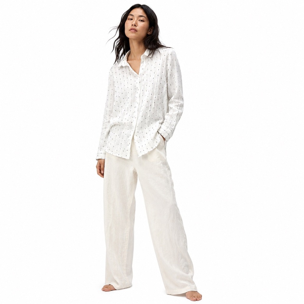 Feather Bone Anthropologie Women Sequin Button Down Shirt White L Boho‎ Coastal